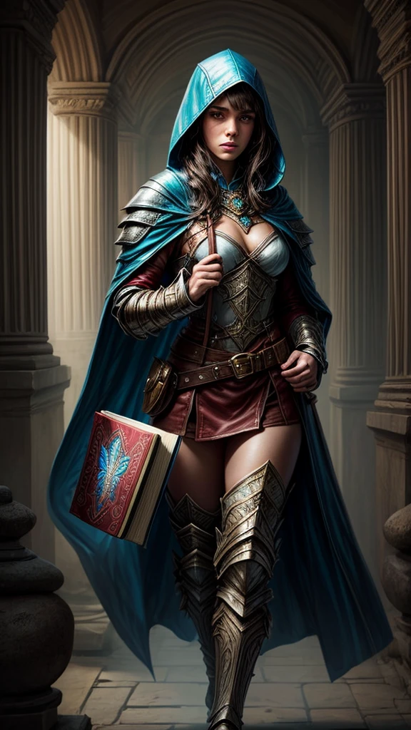Speed painting of portrait of a fantasy female brunette human adventurer, wearing leather armour with a blue hood, in a temple, D&D character, holding a single very large magic book with butterfly on the book cover.