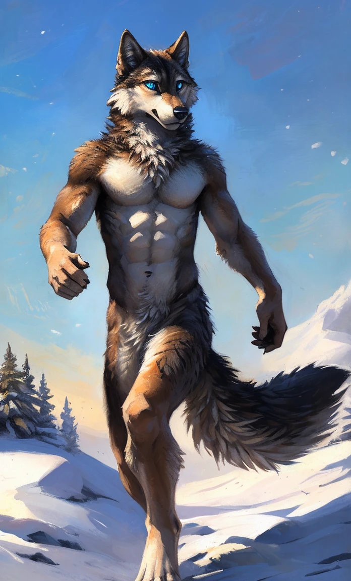 ((Solo)), male people, anthro wolf, (Multi-colored fur, White-brown:1.3，White tail pointed), (Height 2.1m,Tail length 1.5m), ((Wolf face, Big eyes, White eyelids, Blue pupil, Slim:1.2) (Tough, Calm expression:1.2)), Abs, Slim, pinging)), (Correct anatomy), Naked all over the body,A long big tail，Feet，(Realistic fur, Detailed fur texture, labeled:1.3)), (Natural lighting), Photorealistic, Hyperrealistic, ultradetailed, by Kenket，Snowfield，No artifacts, Running on