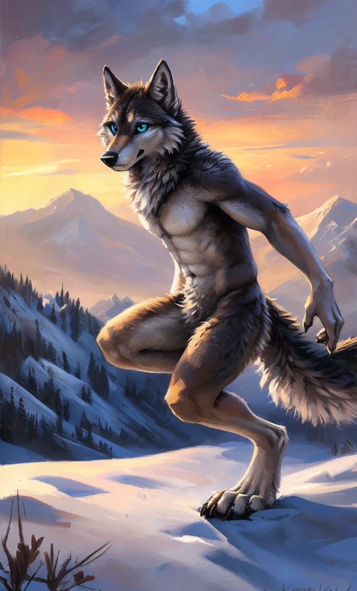 ((Solo)), male people, anthro wolf, (Multi-colored fur, White-brown:1.3，White tail pointed), (Height 2.1m,Tail length 1.5m), ((Wolf face, Big eyes, White eyelids, Blue pupil, Slim:1.2) (Tough, Calm expression:1.2)), Abs, Slim, pinging)), (Correct ???????), Naked all over the body,A long big tail，Feet，(Realistic fur, Detailed fur texture, labeled:1.3)), (Natural lighting), Photorealistic, Hyperrealistic, ultradetailed, by Kenket，Snowfield，No artifacts, Running on