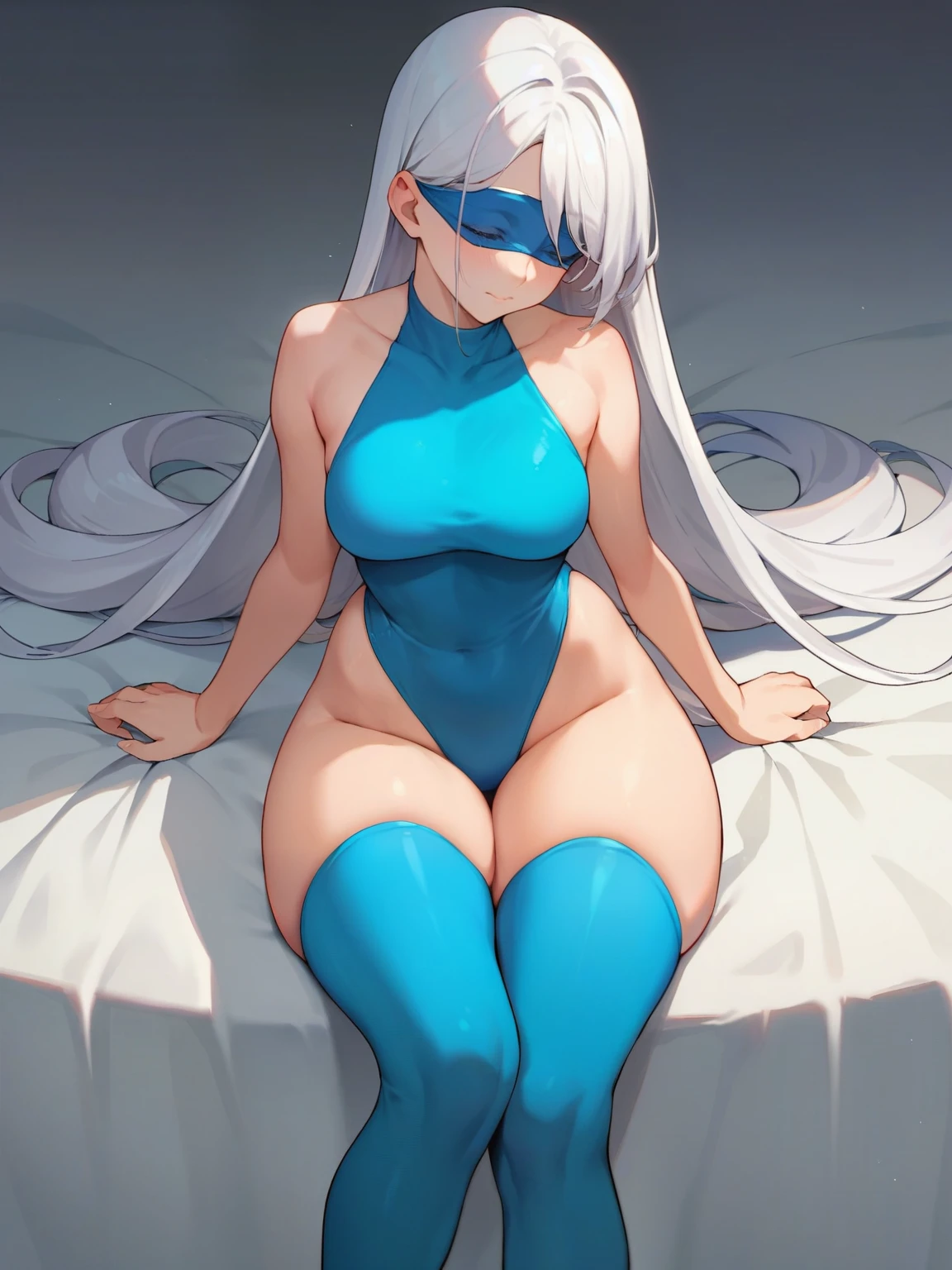 Score_9, score_8_up, score_7_up, source_anime, 1girl, solo, pale, long white hair, blue eyes, cute face, big tits , thick thighs, long hair, eyes closed, blue leotard, blue blindfold, blue thigh-highs, big tits