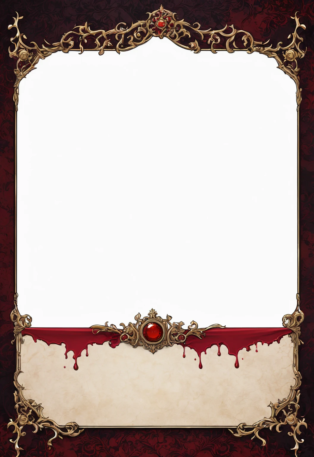 A card border UI,Medieval European aristocracy design,Dark Style,There are blood stains on the parchment backing.。Dark red main color。