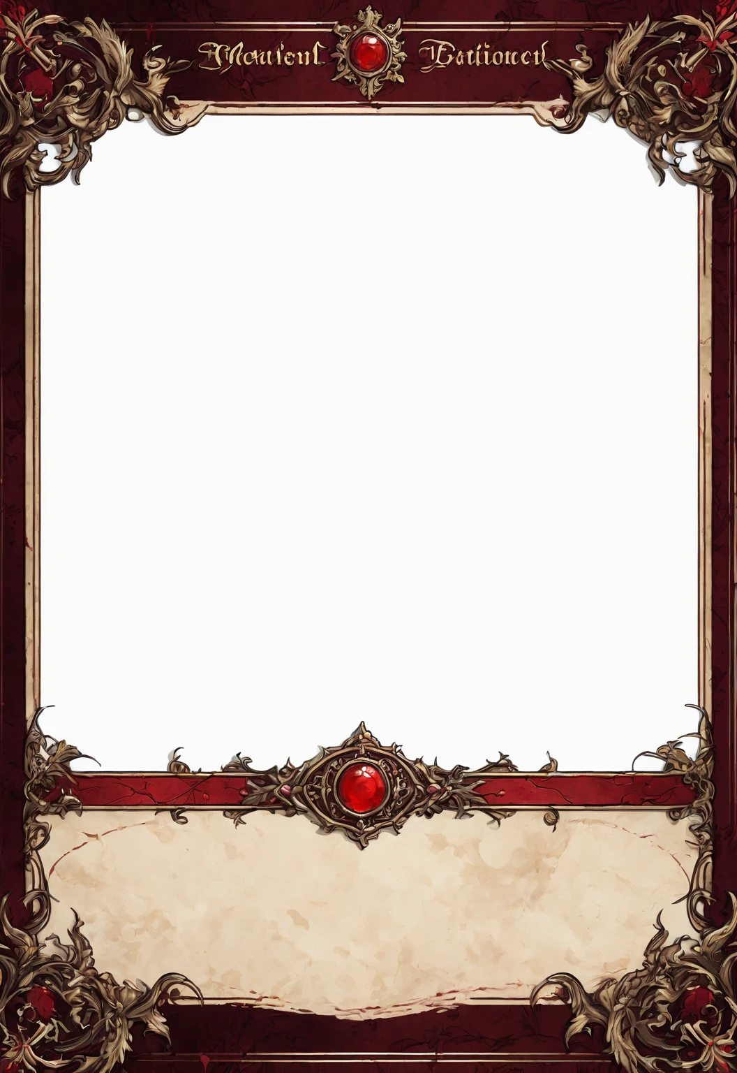 A card border UI，Medieval European aristocracy design，Dark Style，There are blood stains on the parchment backing.。Dark red main color。