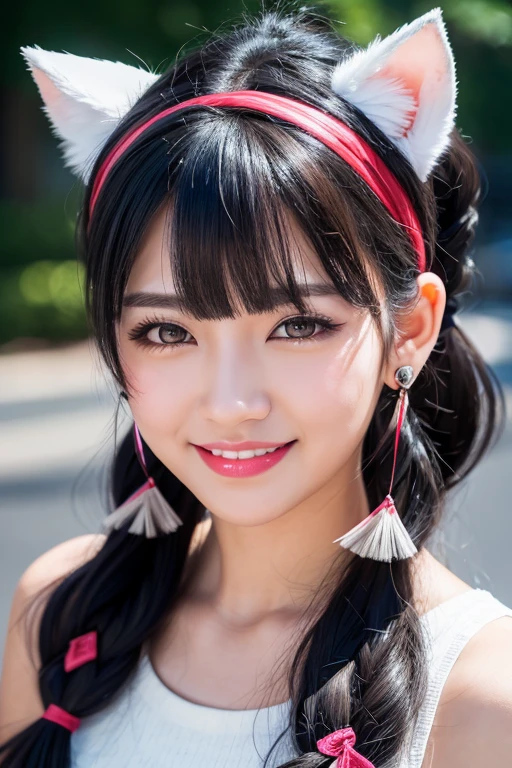 black hair, hair bobbles, wince, longeyelashes, solid circle eyes, fake animal ears, light smile, ear blush, fang, ccurate, streaked hair, curly hair, braided ponytail, blunt bangs, bangs, side ponytail, very long hair, hairband, earrings, red lips, teeth, stifled laugh, Surrealism, drop shadow, anaglyph, stereogram, tachi-e, pov, atmospheric perspective, ray tracing, sparkle, Nikon, foreshortening, 8k, super detail, best quality, highres, UHD, anatomically correct, textured skin, super detail, 1080P, 16k