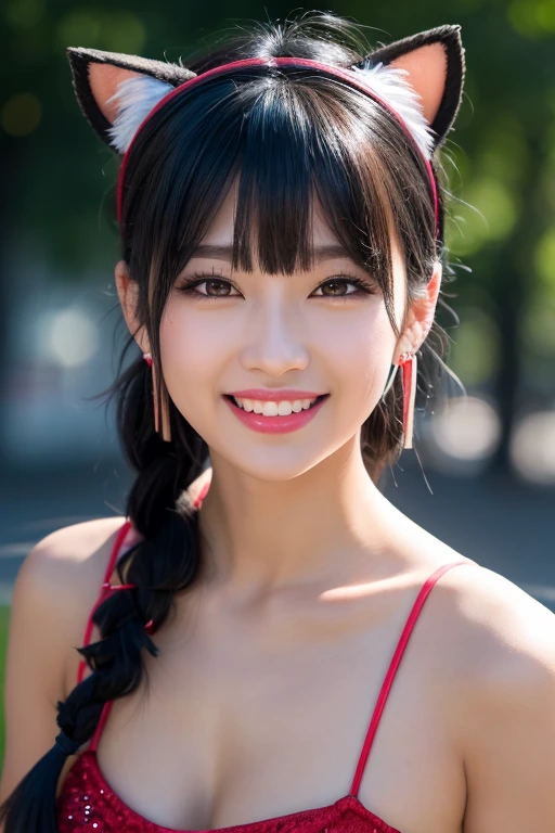 black hair, hair bobbles, wince, longeyelashes, solid circle eyes, fake animal ears, light smile, ear blush, fang, ccurate, streaked hair, curly hair, braided ponytail, blunt bangs, bangs, side ponytail, very long hair, hairband, earrings, red lips, teeth, stifled laugh, Surrealism, drop shadow, anaglyph, stereogram, tachi-e, pov, atmospheric perspective, ray tracing, sparkle, Nikon, foreshortening, 8k, super detail, best quality, highres, UHD, anatomically correct, textured skin, super detail, 1080P, 16k