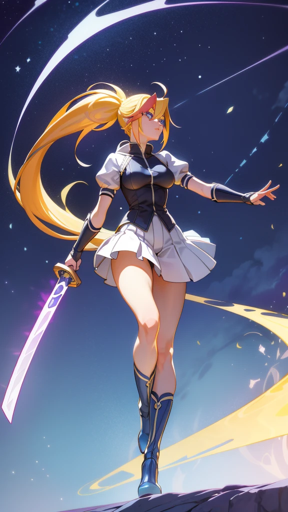 1 girl, ultra long hair, ultra detailed face, glowing lips, glowing blue eyes, very long ponytail, elegant walk, catwalk, holding down a  giant katana, blonde, long eyelashes, long boots , looking to the sky, starry sky, a ultra giant katana 