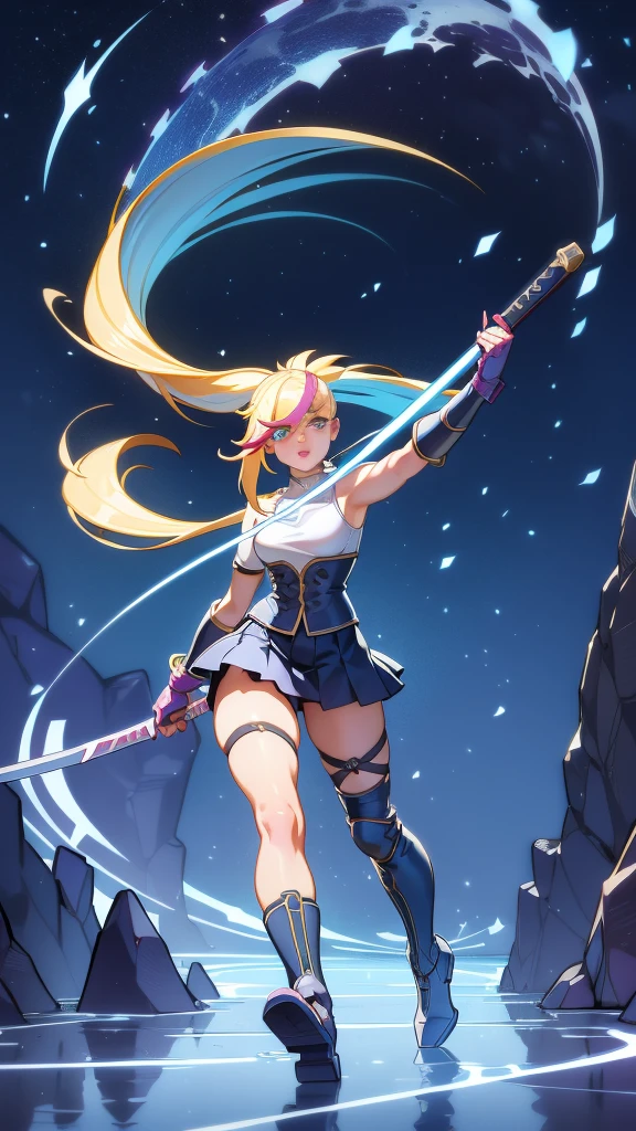 1 girl, ultra long hair, ultra detailed face, glowing lips, glowing blue eyes, very long ponytail, elegant walk, catwalk, holding down a  giant katana, blonde, long eyelashes, long boots , looking to the sky, starry sky, a ultra giant katana 