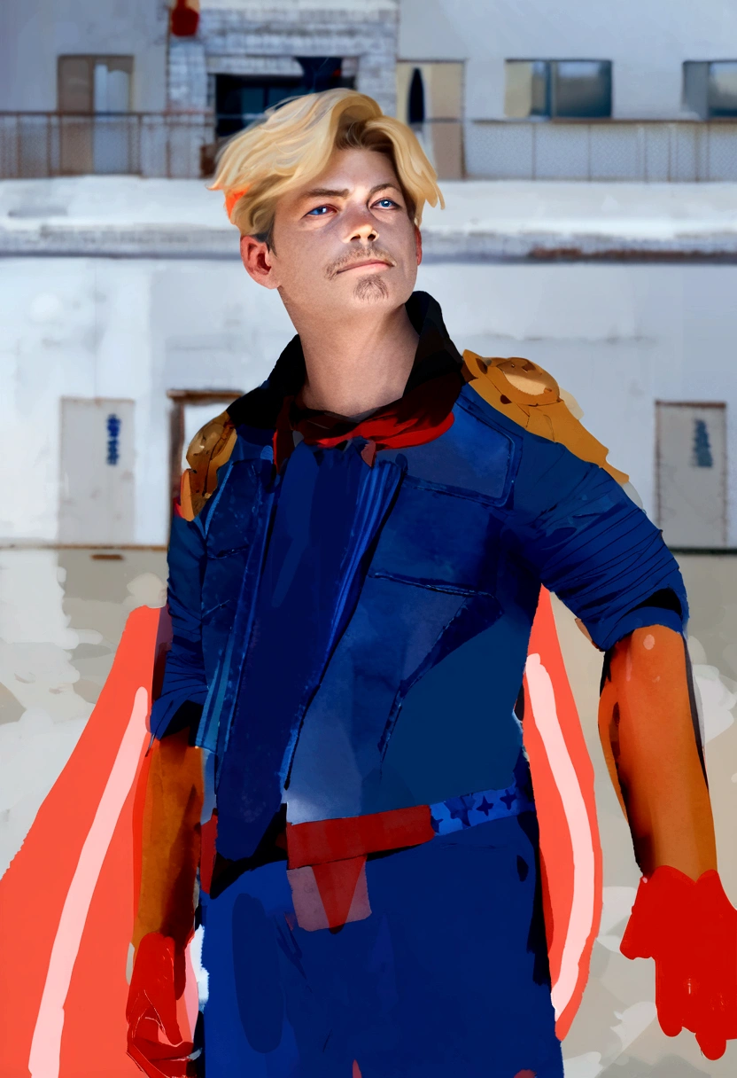 Homelander's costume heavily features American patriotic symbols, such as the stars and stripes, which underline his public persona as a hero embodying American values.
Color Scheme: The red, white, and blue color scheme is prominent, enhancing his image as the quintessential American superhero.
Armor-like Elements: His suit is designed to look almost like armor, suggesting strength and invulnerability, reflecting his superhuman abilities.
Cape and Eagle Motif: He sports a cape, often associated with traditional superheroes, and an eagle emblem on his shoulder, further reinforcing the American theme.