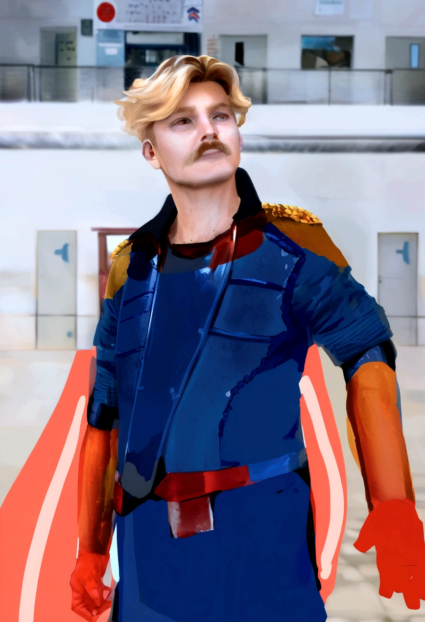 Homelander's costume heavily features American patriotic symbols, such as the stars and stripes, which underline his public persona as a hero embodying American values.
Color Scheme: The red, white, and blue color scheme is prominent, enhancing his image as the quintessential American superhero.
Armor-like Elements: His suit is designed to look almost like armor, suggesting strength and invulnerability, reflecting his superhuman abilities.
Cape and Eagle Motif: He sports a cape, often associated with traditional superheroes, and an eagle emblem on his shoulder, further reinforcing the American theme.
