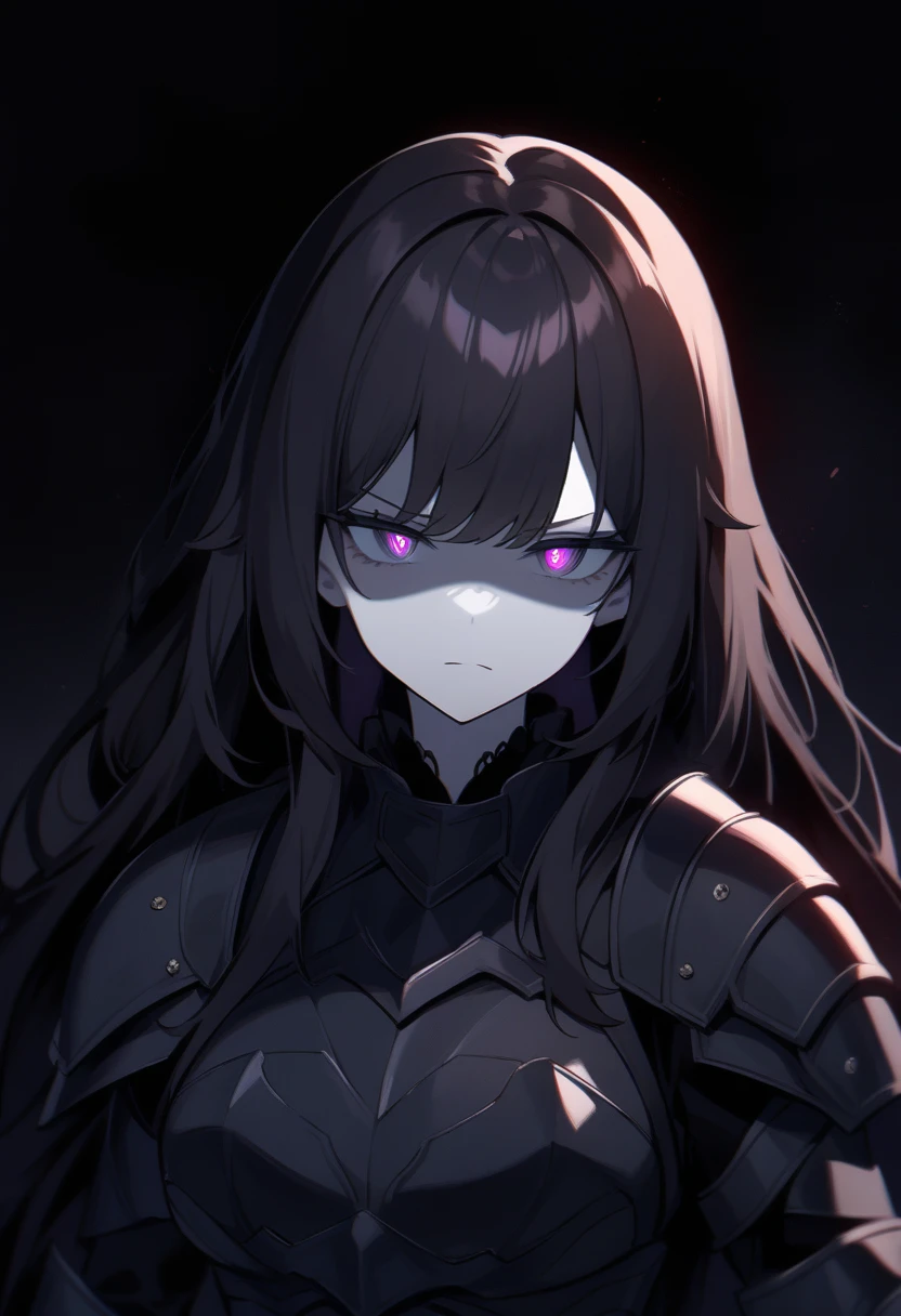 1girl, in shadows, dark surroundings, ((ultra detailed face:0.9)), ((intense eyes:0.8)), pale skin, ((darker eyes shadows)), ((complexion:0.6)), ((facial structure:1.1)), long hair, ((dark dark hair)), intricate hirai, ((headpiece:0.7)), ((armored vest)), ((armor-plated)), ((high detailed armor:0.9)), ((glowing_eyes:0.8)), ((lit face:0.8)), ((dark background:1.2)), darkened room, ((flickering candles:0.7)), ((darker ambience:0.9)), medium breasts, ((quiet expression)), (( serious face)), ((wide eyes:0.8)), ((darker shadowy surroundings)), low contrast, low light, ((darker background)), 25 years old