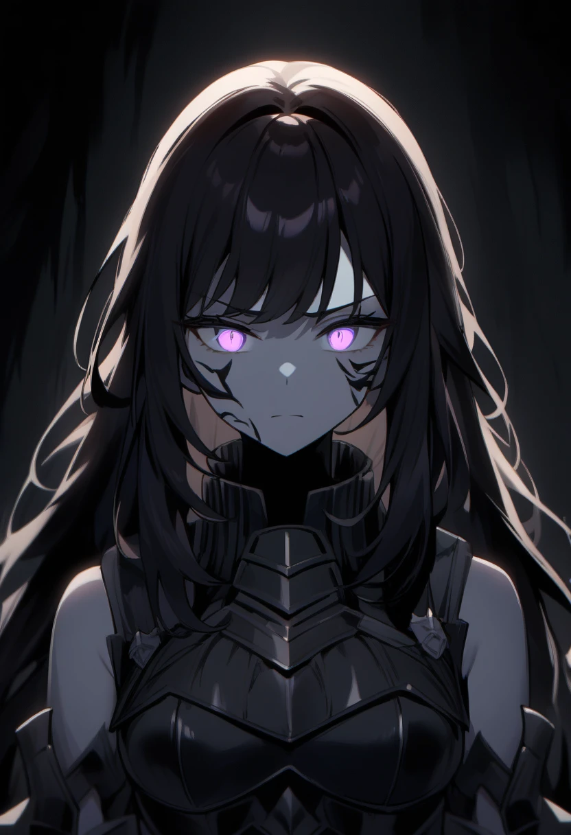 1girl, in shadows, dark surroundings, ((ultra detailed face:0.9)), ((intense eyes:0.8)), pale skin, ((darker eyes shadows)), ((complexion:0.6)), ((facial structure:1.1)), long hair, ((dark dark hair)), intricate hirai, ((headpiece:0.7)), ((armored vest)), ((armor-plated)), ((high detailed armor:0.9)), ((glowing_eyes:0.8)), ((lit face:0.8)), ((dark background:1.2)), darkened room, ((flickering candles:0.7)), ((darker ambience:0.9)), medium breasts, ((quiet expression)), (( serious face)), ((wide eyes:0.8)), ((darker shadowy surroundings)), low contrast, low light, ((darker background)), 25 years old