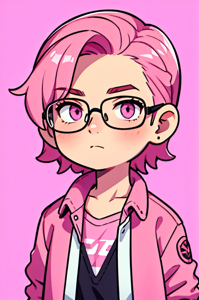 Sharp image, man, pink hair, wearing a pink jacket. , has a dull, bored face, wears round glasses, has short, neat hair,