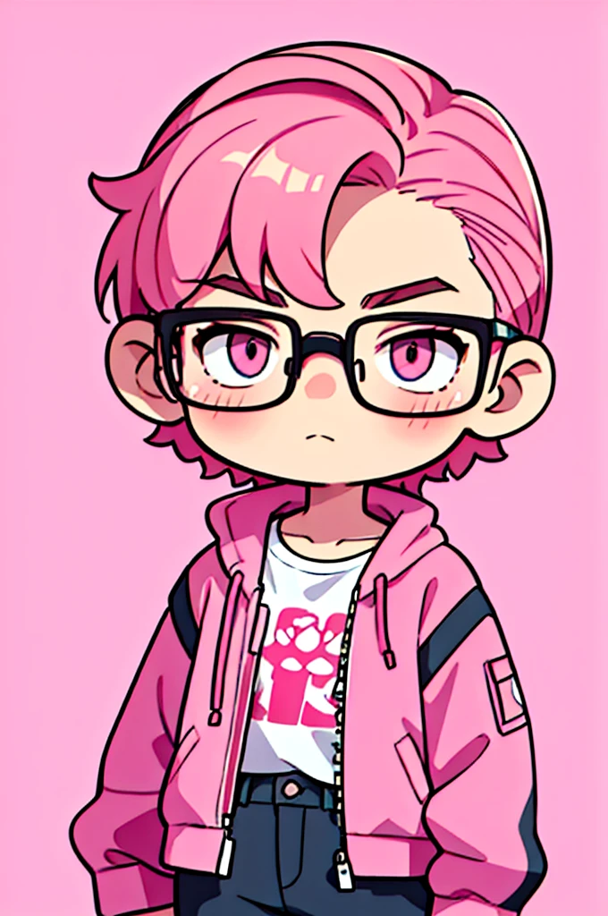 Sharp image, man, pink hair, wearing a pink jacket. , has a dull, bored face, wears round glasses, has short, neat hair,