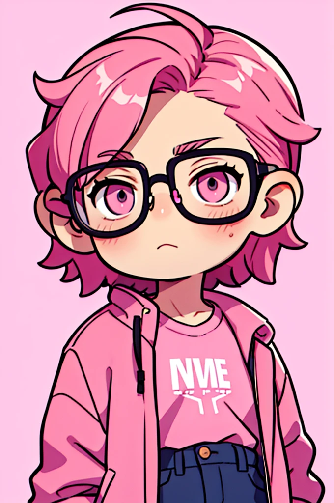 Sharp image, man, pink hair, wearing a pink jacket. , has a dull, bored face, wears round glasses, has short, neat hair,