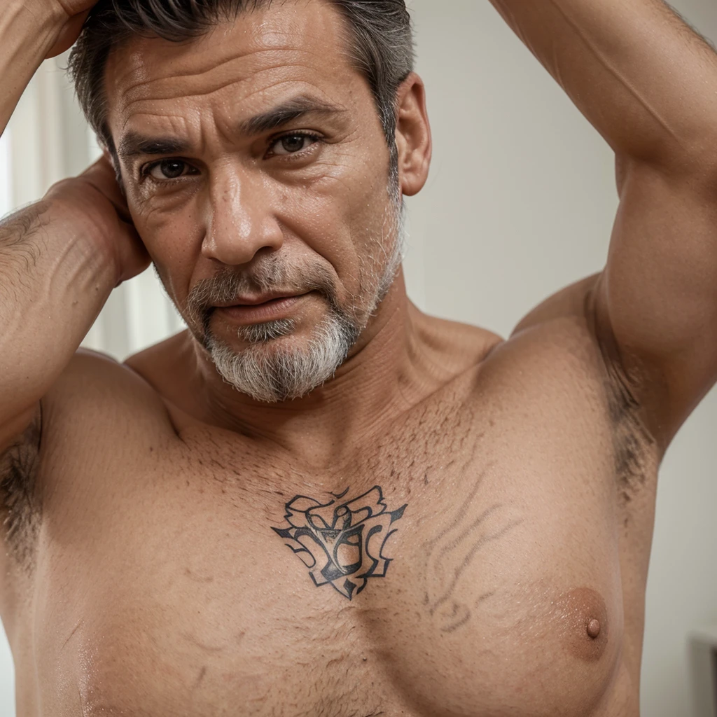 a close up of a man with a tattoo on his arm and with a white beard and a shirtless shirt, Homens de 50 anos, Sogro Gostoso, Homem de 5 0 anos, ele tem cerca de 60 anos, ele tem cerca de 6 0 anos, barba branca curta, 5 5 eles, homens de 45 anos, wrinkles and muscles, Masculino e forte, 7 0 anos, looking at the camera