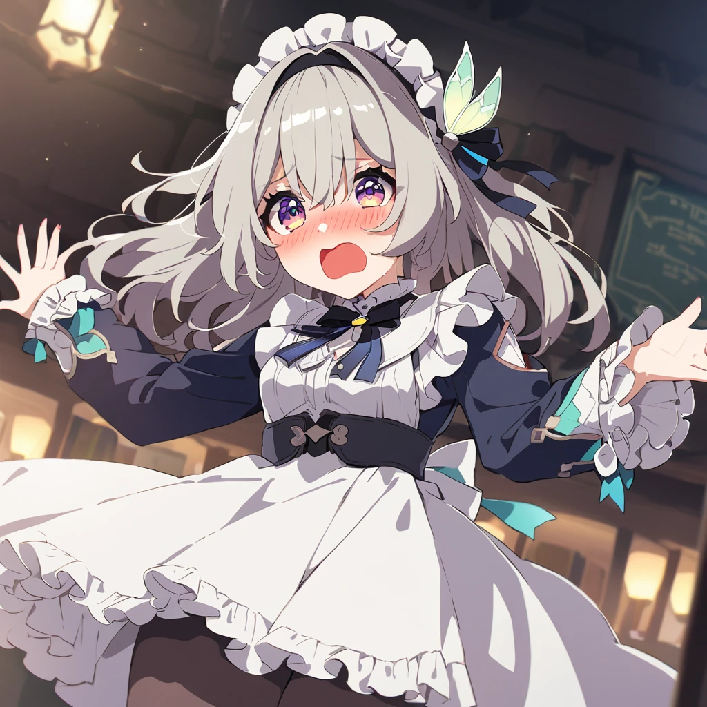 firefly \(honkai: star rail\),1 Girl, Boat , Solitary, maid, maid headdress, maid apron, embarrassed, Pantyhose, open mouth, blush, Open your mouth, looking at the audience, Cowboy shooting, bar \(place\), indoors, Depth of Field, masterpiece