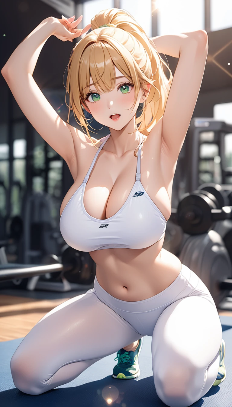 highest quality、Best image quality、masterpiece、One Girl、26 years old、Best Bust、Big Breasts、Beautiful Eyes、blonde hair, Green Eyes、ponytail、At the fitness gym、Bikini Top Holder, White leggings、blush、open mouth, Kneeling pose, (armpit), cowboy shot, Natural sunlight、Shallow depth of field、Lens flare、