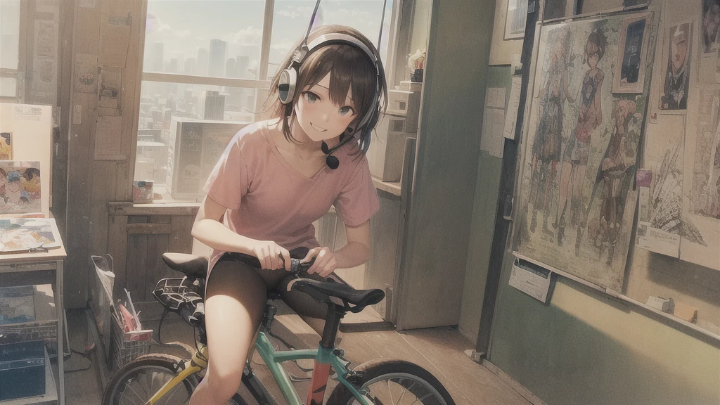 (In 8K, Ultra-high resolution, Best Quality, Masterpiece:1.2), (Realistic illustrations), Lo-fi Hip Hop , flat, 2.5D, Line art, Ink drawing, Watercolor, Gouache color, Studio Ghibli style, Great colorful, Relaxed girl listening to music with headset, smile, Detailed teeth, はにかんだsmile, 80s city night view, bike