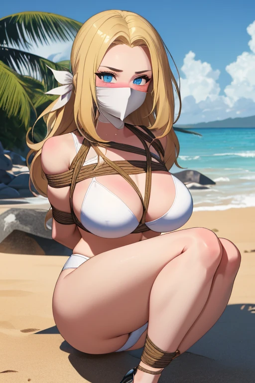 1 girl, detailed blue eyes, lange wimpern, detailed beautiful face, (Long blonde hair:1.4), festgebunden, (arms behind back:1.6), gefesselte Arme, blushing, (Big boobs:1.1), White Bikini, White crop top, OTN, Gag, gagged, shibari, tied Gag, Standing at a beach, black high heels, sitting