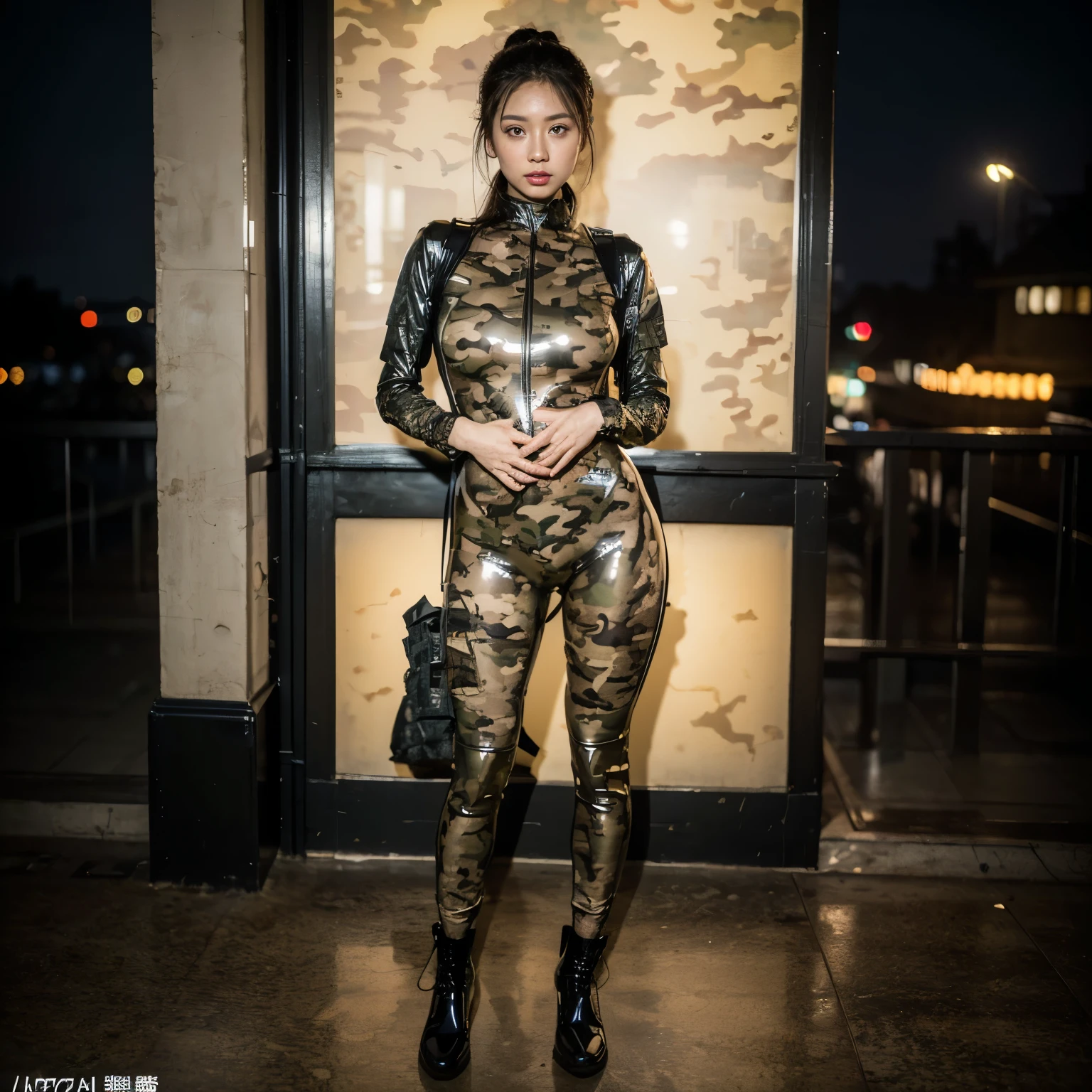 Beautiful Asian Woman、Assassin、Big Breasts、 She has dark hair in a double bun、No hair back、(nWearing a skin-tight latex full-body suit in light camo:1.5)、(night camoメイク)、Possessing an m4a1 assault rifle、looking at the camera、Master of the art of love、immortal、In front of the night cityscape、Dark Background、Full body portrait、(highest quality、4K、8k、High resolution、masterpiece:1.2)、Super detailed、(Realistic、photoRealistic、photo-Realistic:1.37)、High resolution、Studio Lighting、Very detailed explanation、Vibrant colors、Cinema Lighting
