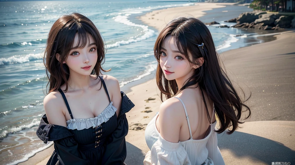 (highest quality, 8k, 32k, masterpiece, Ultra-high resolution),Perfect dynamic composition、Beautiful and beautiful eyes、Summer Casual Wear、Medium Hair、Natural color lip、Bold sexy pose、A shy smile、Harajuku Style、20-year-old girl、Cute type、sexy shot looking at camera、Beach