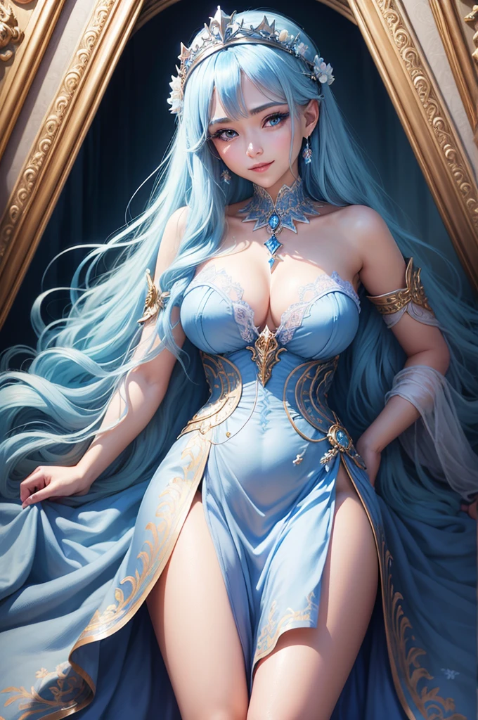 The personification of Nicaea in Greek mythology 、infp young woman、Goddess of Victory、Expensive dresses with blue base、Light blue hair、Miss King's Tiara、Sophisticated illustrations、Big eyes、Transparent eyes、Beautiful makeup、long eyeslashes、A smile、Smile、、Solo Photography、beatiful detailed eyes、vertical stripes　imagem 4k　超A high resolution、Overall photo