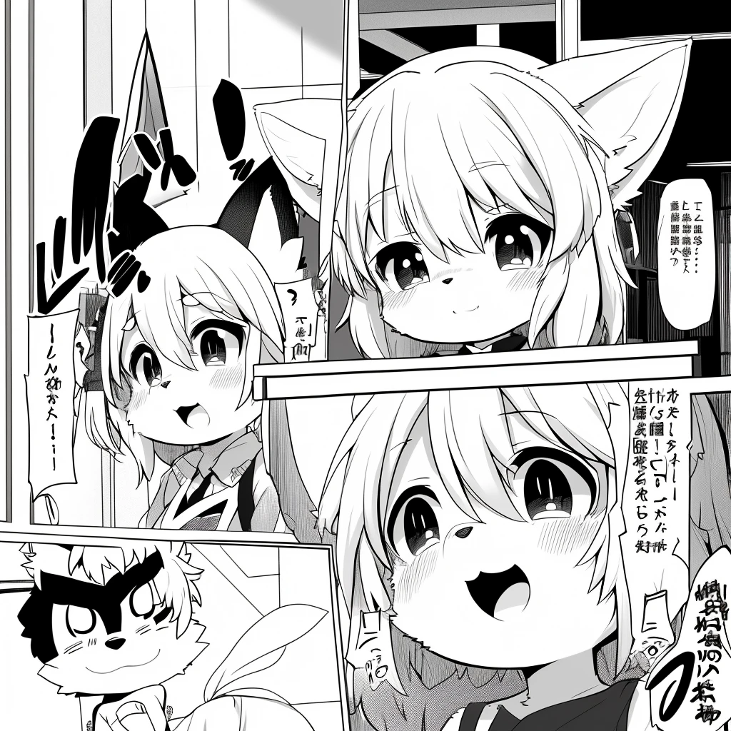 top quality, best quality, highres, unparalleled masterpiece, perfect artwork, paid reward available, indoor, couple of comics(super cute 1girl, 1fox, kemono, furry anthro), black and white manga page, manga page, doujin, ddlc, anime, comedy comic, black and white manga panel, zerochan,
