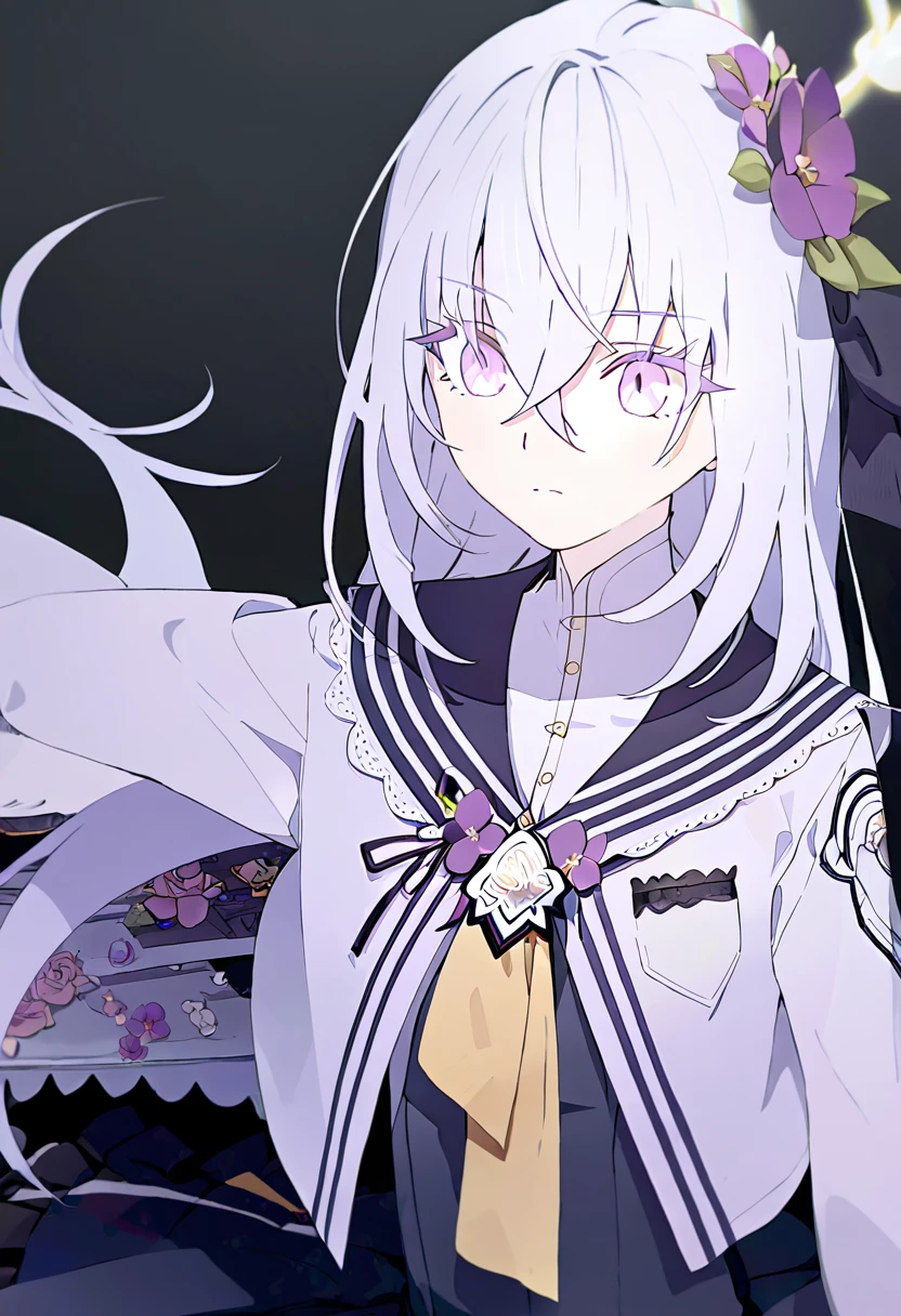 azusa \(blue archive\), 1girl black_ribbon black_sailor_collar closed_mouth crescent_halo cropped_torso expressionless eyelashes flower flower_brooch hair_flower hair_ornament hair_ribbon halo lace-trimmed_sailor_collar leaf light_blush light_frown long_hair looking_ahead neck_ribbon neckerchief purple_eyes purple_flower purple_hair ribbon sailor_collar school_uniform serafuku shirt simple_background solo straight_hair white_background white_shirt yellow_halo yellow_neckerchief
