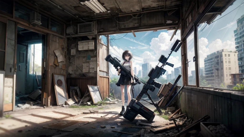 (Torn clothes), Tank top shirt, skirt, Anti-tank rifles, Rocket Launcher, Assault rifle, Beam rifle, Handgun, Abandoned building, Absurd, RAW Photos, Very delicate and beautiful, masterpiece, highest quality, Ultra-high resolution, 32k, Surreal, Super detailed, Detailed Description, Pale skin, 20-year-old, Tearful mole, Earrings, Short Medium Hair, Wavy Hair, Full Body Shot, 