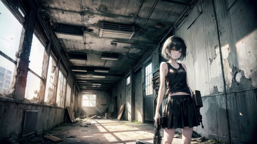 (Torn clothes), Tank top shirt, skirt, Anti-tank rifles, Rocket Launcher, Assault rifle, Beam rifle, Handgun, Abandoned building, Absurd, RAW Photos, Very delicate and beautiful, masterpiece, highest quality, Ultra-high resolution, 32k, Surreal, Super detailed, Detailed Description, Pale skin, 20-year-old, Tearful mole, Earrings, Short Medium Hair, Wavy Hair, Full Body Shot,