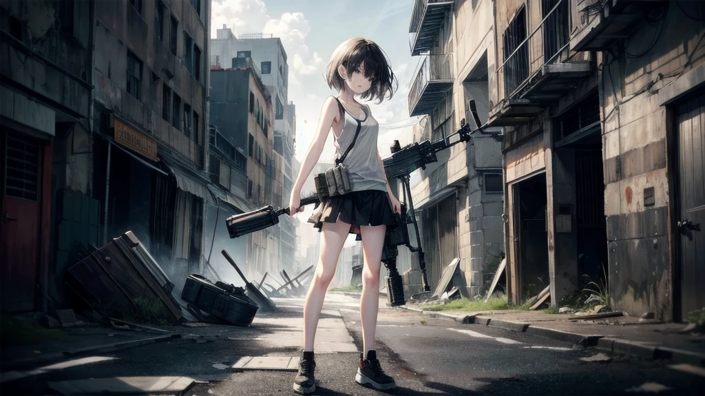 (Torn clothes), Tank top shirt, skirt, Anti-tank rifles, Rocket Launcher, Assault rifle, Beam rifle, Handgun, Abandoned building, Absurd, RAW Photos, Very delicate and beautiful, masterpiece, highest quality, Ultra-high resolution, 32k, Surreal, Super detailed, Detailed Description, Pale skin, 20-year-old, Tearful mole, Earrings, Short Medium Hair, Wavy Hair, Full Body Shot, 