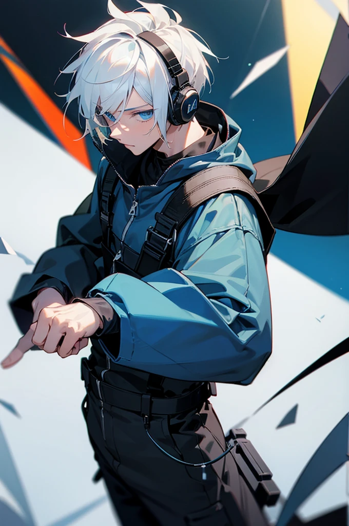 Young adult, Male, White Hair, Blue Eyes, African American, black jumpsuit, headphones, Armed.