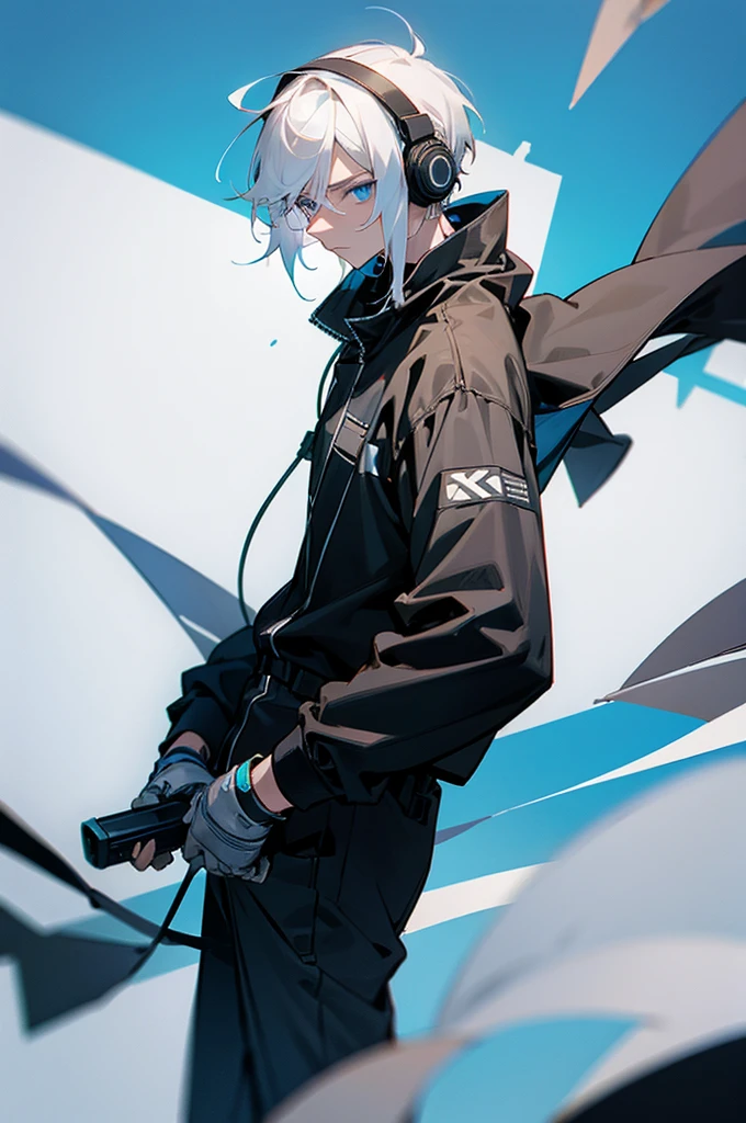 Young adult, Male, White Hair, Blue Eyes, African American, black jumpsuit, headphones, Armed.