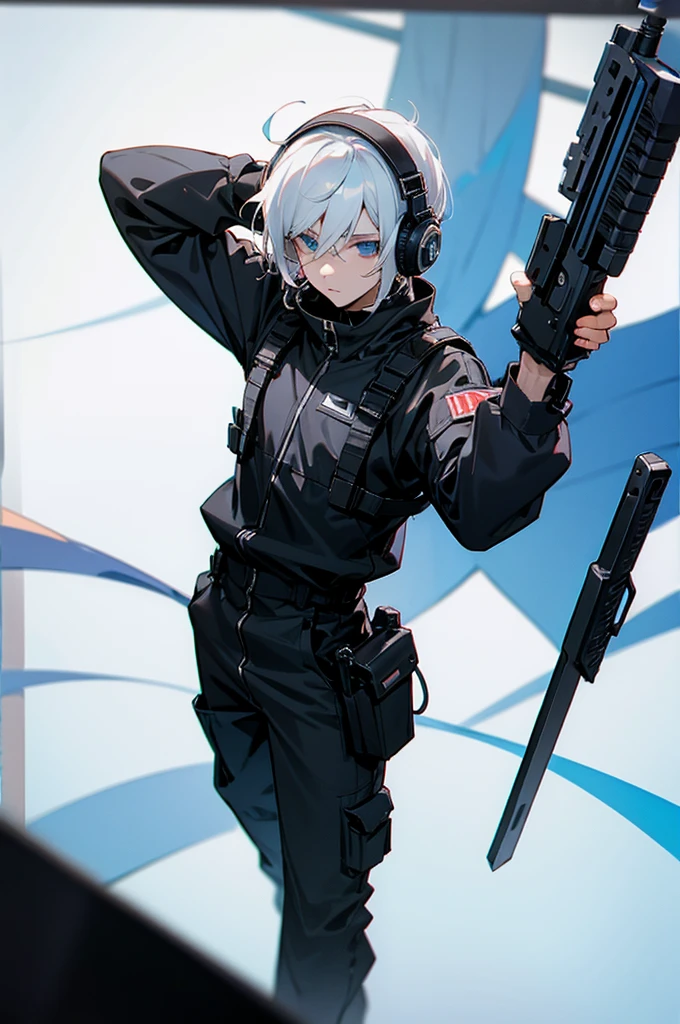 Young adult, Male, White Hair, Blue Eyes, African American, black jumpsuit, headphones, Armed.
