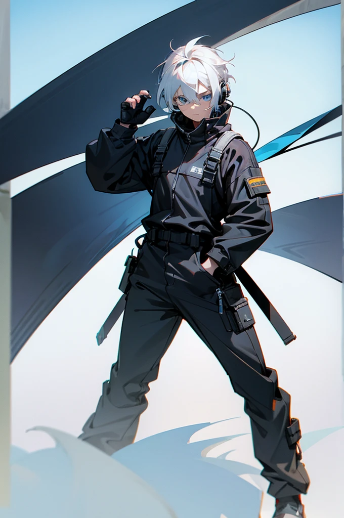 Young adult, Male, White Hair, Blue Eyes, African American, black jumpsuit, headphones, Armed.