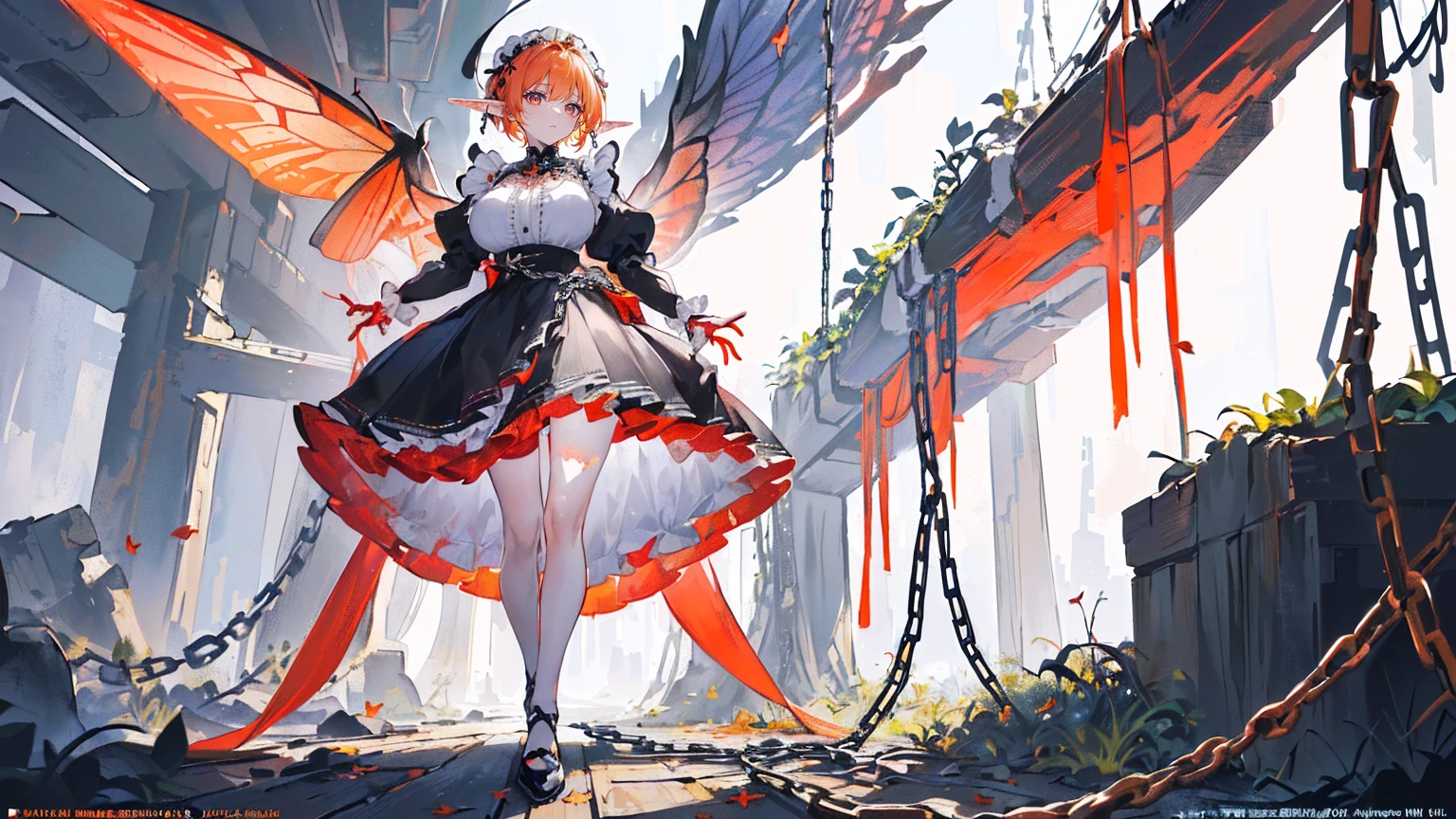 (Super detailed)),((illustration)),((masterpiece)),(((need))),((fine、Highest quality CG Unity 8K wallpapers,masterpiece),((4k,masterpiece,best quality)),Woman with short orange hair,Rainbow eyes,Tall,Sexy body,Big breasts,Pointed ears,Elf,cold,In an empty dream,Black and white maid outfit,Black shoes,Under the skirt is decent clothing,Hanging red-hot chains in the air,Chains sticking out from the ground,Tied by chains,There are fallen leaves under my feet,Colorful butterflies,Colorful wings,Standing in the middle,Chains on hands,Red leg ring,Red collar,A rainbow across the sky,Red heart hanging from a chain,Full body picture