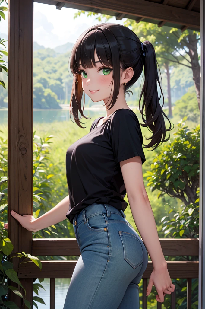 masterpiece、Soft Focus , Bright gradient watercolor、Tabletop, High resolution, 8k, Anime Women, Delicate and detailed writing 、Detailed digital illustration、high resolution, high quality、
Absurd, Ultra-detailed,Bright colors, (One Girl:1.3),Very beautiful and detailed anime faces and eyes,(Smile:1.4),Asymmetrical bangs and short twin tails:1.3), Shiny Hair, (View Viewer),(From the side:1.3),green_Sky Porn, built, cliff, cloud, cloudy_Sky Porn, Tag, forest, Grass is overgrown,jungle, lake, Pure Rare, Light_light, Mont, Natural, Outdoor, loose_woodロード, landscape, null, sun, sunlight, sunLights,The wood, wood_shade, water, (Tight jeans:1.3), (Black T-shirt:1.4), walk ,(Deep green Eyes:1.3),Depth of written boundary, Delicate and beautiful face, blush、White skin, Barrette, Earrings,