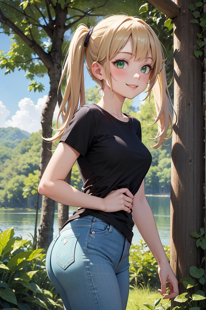 masterpiece、Soft Focus , Bright gradient watercolor、Tabletop, High resolution, 8k, Anime Women, Delicate and detailed writing 、Detailed digital illustration、high resolution, high quality、
Absurd, Ultra-detailed,Bright colors, (One Girl:1.3),Very beautiful and detailed anime faces and eyes,(Smile:1.4),Asymmetrical bangs and short twin tails:1.3), Shiny Hair, (View Viewer),(From the side:1.3),green_Sky Porn, built, cliff, cloud, cloudy_Sky Porn, Tag, forest, Grass is overgrown,jungle, lake, Pure Rare, Light_light, Mont, Natural, Outdoor, loose_woodロード, landscape, null, sun, sunlight, sunLights,The wood, wood_shade, water, (Tight jeans:1.3), (Black T-shirt:1.4), walk ,(Deep green Eyes:1.3),Depth of written boundary, Delicate and beautiful face, blush、White skin, Barrette, Earrings,