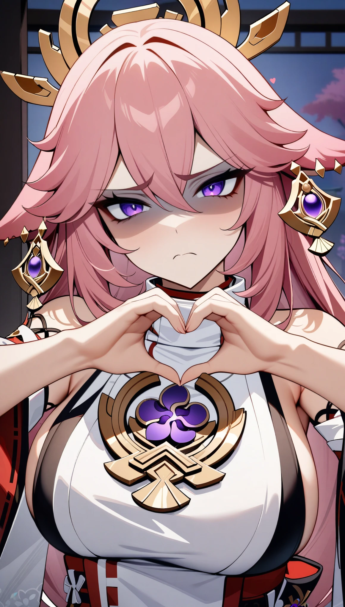 masterpiece, best quality, very aesthetic, absurdres, newest,1girl,upper body, (contempt, disgust,shaded face,looking at viewer,frown),heart-shaped gesture,,Yae Miko,Yae Miko(genshin impact), long pink hair, fox ears , purple eyes, a large gold ornament, large breasts, barefoot,,in balcony