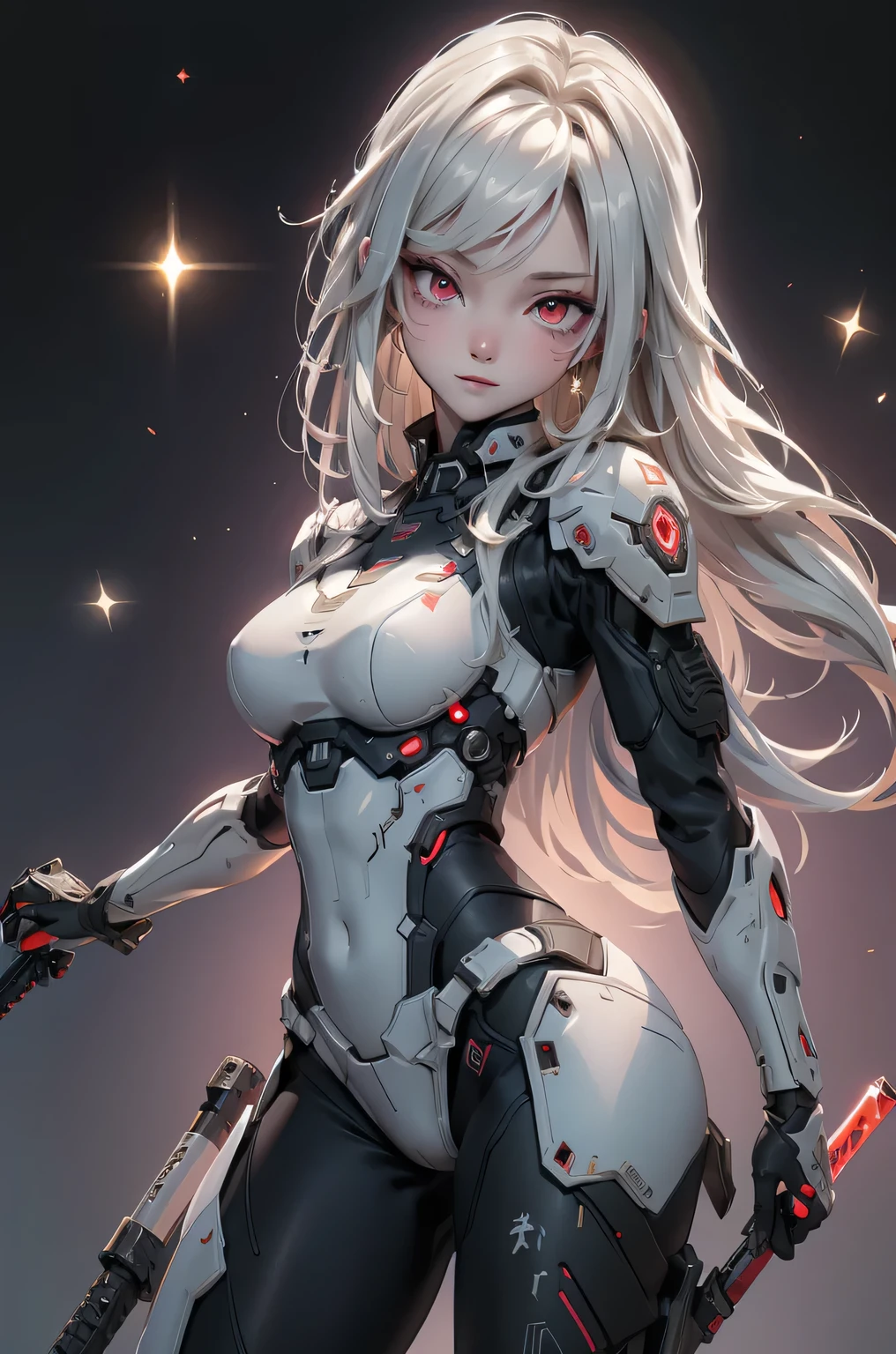 ((Cyberpunk women images))，raise one's arms high:1.4、armpits,,(masterpiece:1.4, highest quality, Dutch Angle)(One Girl, alone)（Gray hair that changes with light、Smooth and straight hair、WHITE hair fluttering in the wind）、（beautiful, Glowing Skin、Cheek Gloss Highlighter、Sexy and very beautiful and adorable face、The most beautiful face in the world、big, Glowing red eyes）、（Cute 25 year old girl, large breasts、Tight waist、Delicate shoulders、Perfect figure）（Overall dark、A ruined futuristic city、The world at the end of the century、Traces of war、cave、Remains）(Futuristic combat suit、White combat armor、Highly decorated combat uniform、Weapons are deployed to surround the woman)（Shooting from close range、Pictures of female faces）
