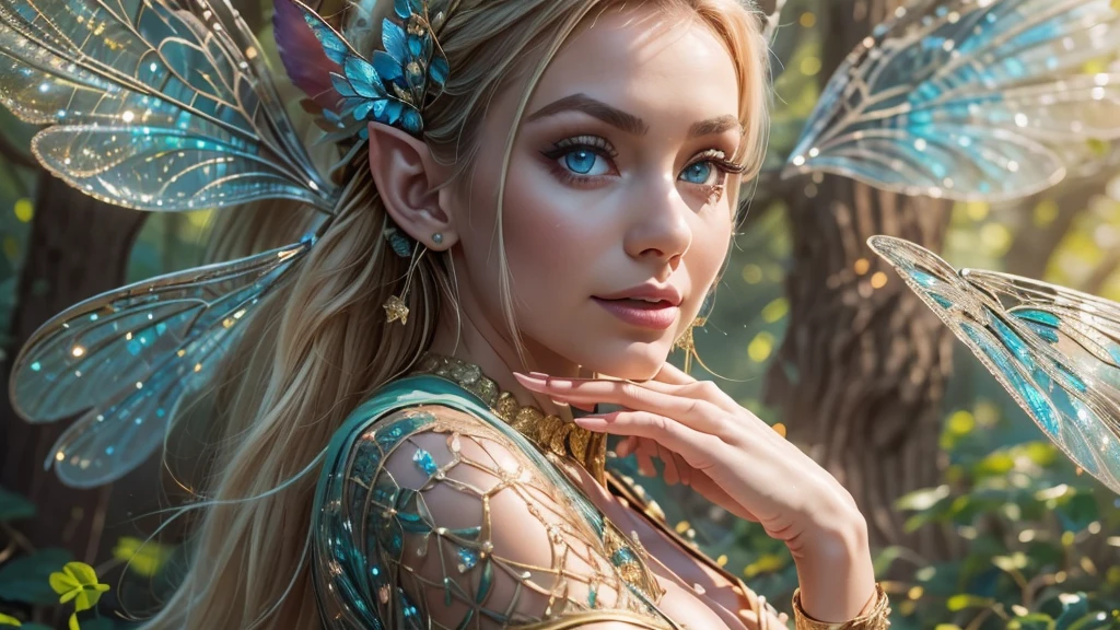 Beautiful faerie woman, elf ears, flying, hovering, floating, centered holographic dragonfly wings, balanced wings, glowing blue eyes, detailed realistic eyes, detailed proportional hand, manicured hands, four fingers on each hand, one thumb on each hand, detailed fingers, proportional fingers, painted fingernails, proportional legs, proportional arms, proportional body, firm breast, smiling, silk tutu, ballet pose, magic glitter, oak tree forest, frank Frazzetta painting style, (Best Quality:1.4), (Ultra-detailed), (extremely detailed CG unified 8k wallpaper), Highly detailed, RAW Photos, Professional Photography, plein air, Illumination, (Super fancy photos:1.4), (Dazzling light), Radiant Photography, depth of fields,
