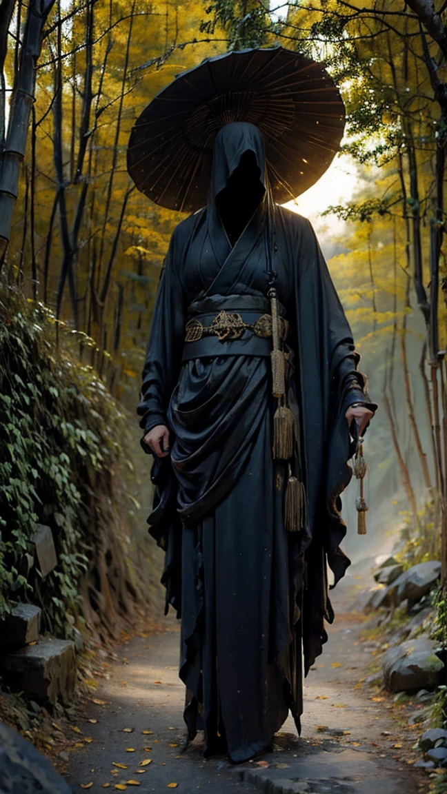 (highest quality,Super detailed),dark,Wet,Artificial raindrops falling,Ancient Japanese warrior standing in the rain,Traditional Japanese bamboo hat(fail),Deep forest landscape,Majestic and serene nature,A full moon shining brightly in the night sky,A black kimono with fluorescent red stripes that glow in the moonlight,鋭く鞘に入っていない武士のknife(knife),
