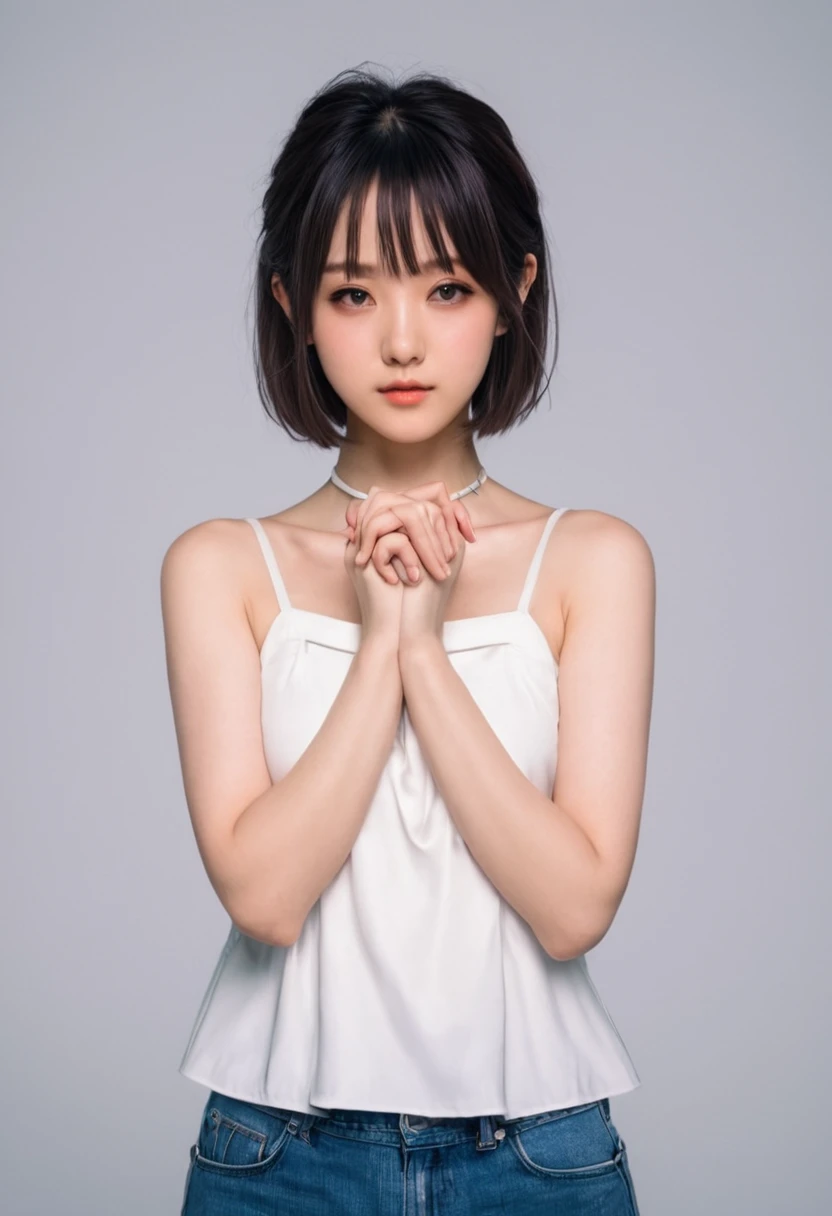 A pose with hands lightly clasped together and brought close to the chest、A shot of a girl from the shoulders up、Modern and anime-like