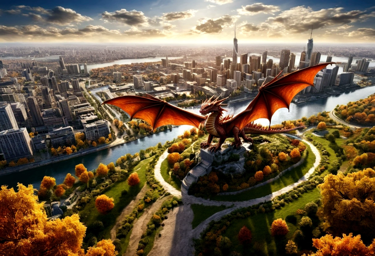 arafed, a picture of a dragon flying above a modern city, ((picture taken  from above the dragon: 1.5), modern city is laid underneath, there is river beneath the dragon, its shadow is cast on the water dragon wings spread wide, dynamic color dragon, you see the back of the dragon, its majestic wings, its tail and the city and river it is flying above, , panoramic view (Masterpiece, intense details: 1.5) , Wide-Angle, Ultra-Wide Angle, dynamic light, Cinematic Hollywood Film style