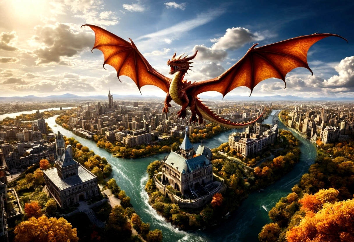 arafed, a picture of a dragon flying above a modern city, ((picture taken from above the dragon: 1.5), modern city is laid underneath, there is river beneath the dragon, its shadow is cast on the water dragon wings spread wide, dynamic color dragon, you see the back of the dragon, its majestic wings, its tail and the city and river it is flying above, , panoramic view (Masterpiece, intense details: 1.5) , Wide-Angle, Ultra-Wide Angle, dynamic light, Cinematic Hollywood Film style