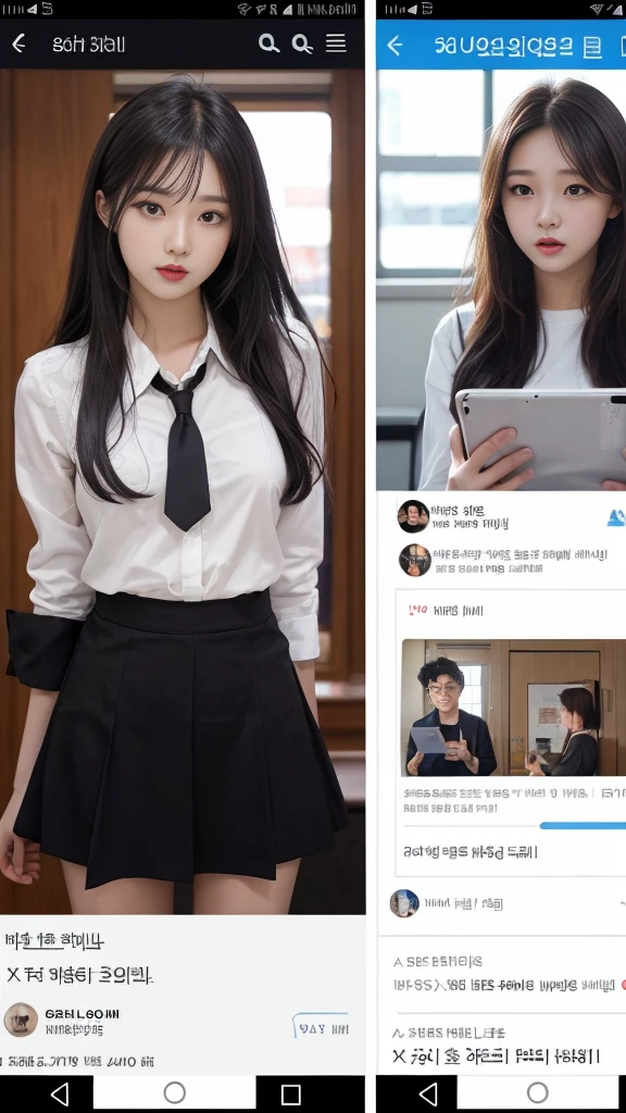 (high quality), (SFW:1.2), split screen, A delinquent, mature high school girl and a Korean adult man enjoying a smartphone chat app, Her smartphone display shows a number of Korean adult men chatting to a high school girl., Their chat language is English, Men are waiting for her response, popup window, And there's a man, This man is requesting a chat with her on the smartphone screen. Chat takes place alternately between women and men..