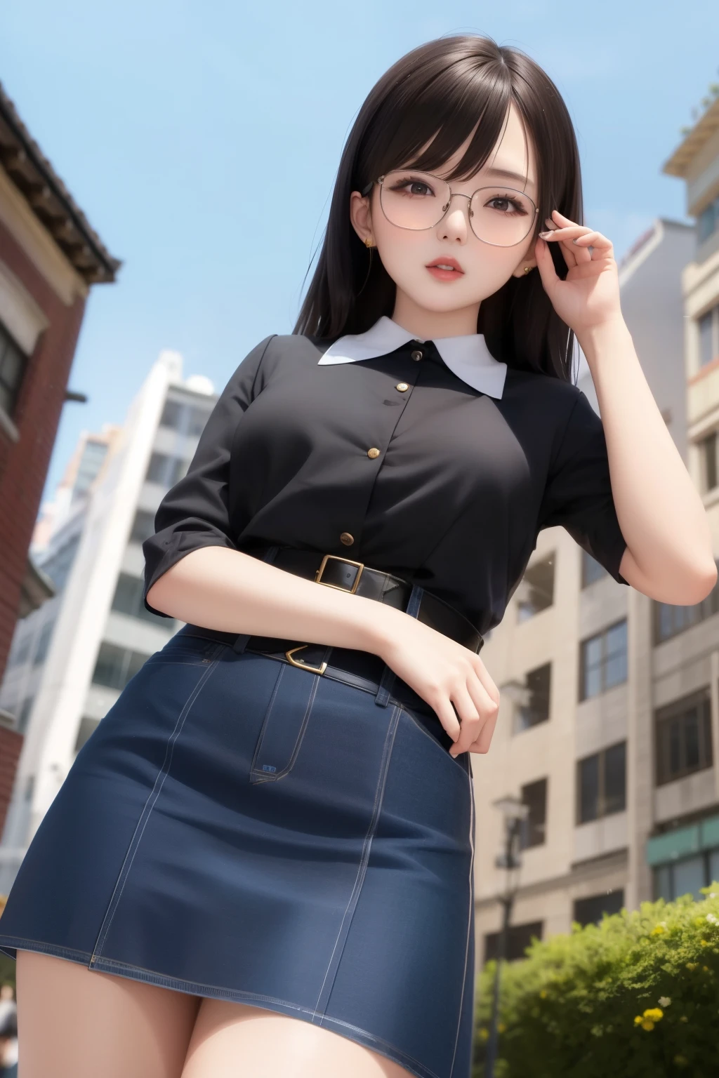 Korean elite girl, (26 years old), in the city square, noon, skirt, glasses, arrogant expression, (from below view), (masterpiece, best quality, extremely detailed, hyper realistic)