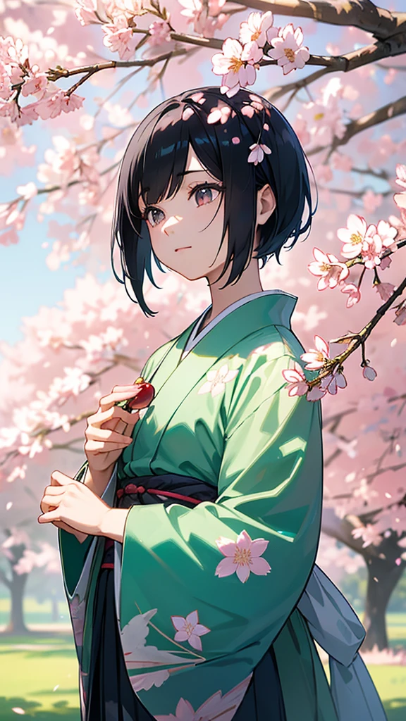 a beautiful japanese with short black hair wearing a blue , standing under a cherry blossom tree, looking up, bright sunlight filtering through the cherry blossoms, lush green grass in the foreground, highly detailed, 8k, photorealistic, masterpiece, beautiful lighting, vibrant colors
