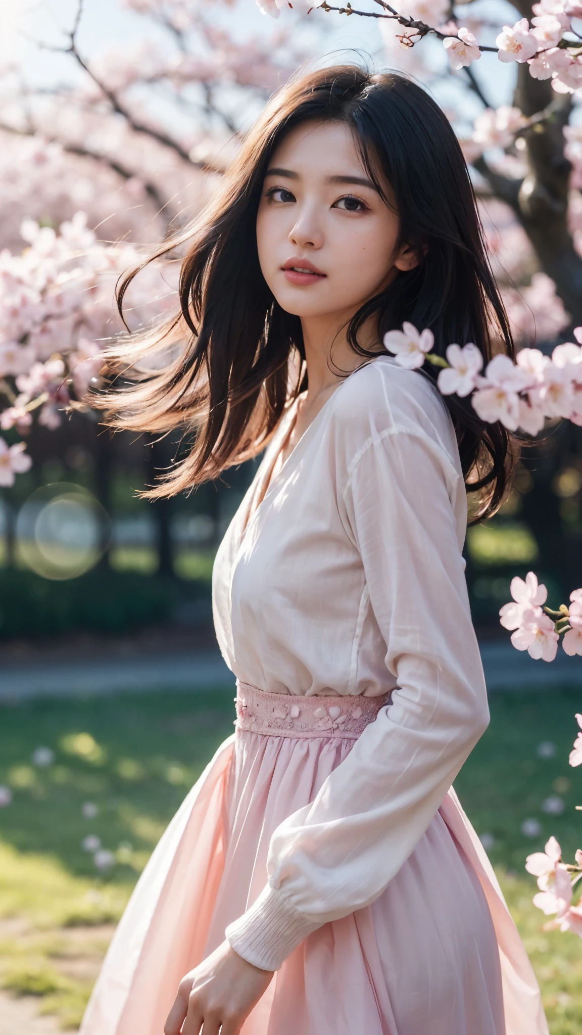 (logo、masterpiece、8k、Tabletop、RAW Photos、wonderful、最high quality、Photorealistic and Very detailed CG integrated 8k wallpaper、high quality、Very detailed、Narrative poem、Particle Effects、Dynamic Effects、Written boundary depth、Cinematic Light、Lens flare、Ray Tracing)、Fantasy、 (One beautiful woman、dress、dress、Cherry blossom pattern、Black-haired、Beautiful Face、True Face、Beautiful details、eye、Beautiful Skin)、My hair dances in the wind、Hair flutters in Wind、Hair bounces、Pink cherry blossom tree、Petals fluttering、SakuraFubuki、wonderful scenery、sunrise、Sun in the background、Wind