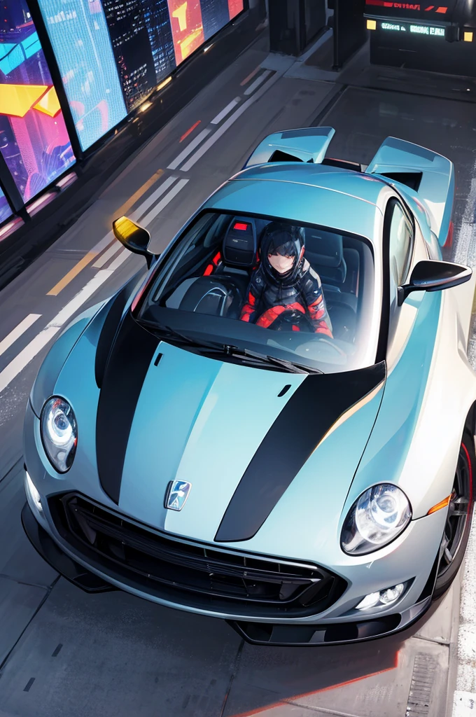 Car of the Future、A futuristic city with skyscrapers、Flying Car、Flight engines are attached to both sides、cyber punk、