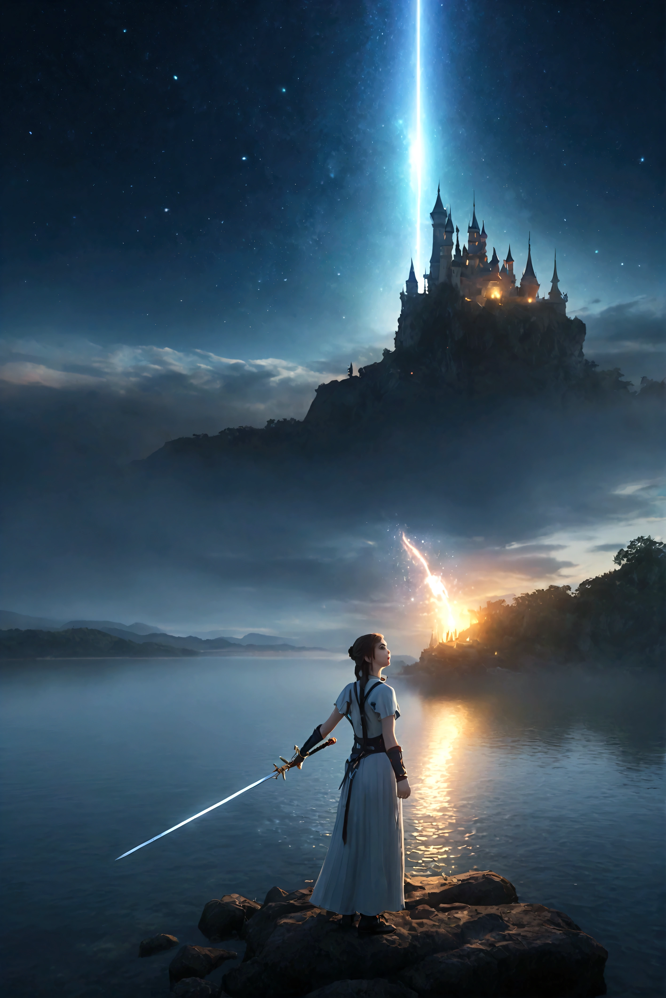 (8k, highest quality, masterpiece, final fantasy style: 1.2), (unRealistic, photoRealistic: 1.37), (one mage lady standing on lake side, huge bouncing bust, with sword with fire, Her sword shines into the heavens:1.1), Dreamy landscape, Fantasy, Unsurreal landscapes, Super detailed, Flying medieval castle, Floating Island in the Sky, Seven-colored swirl of light, (流星のMr.に空を舞う光り輝く尾の長い小鳥:1.3), Aurora, Intense lightning, milky way, Complex Light, Mr.々Colored light, Large Lake, Starry sky reflected on the lake surface, Countless shining stars, Meteors, Many meteors, Aura of, (A pillar of light emanated from the ground:1,2), 複雑な文Mr.の魔法陣,